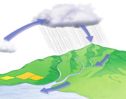 Heat from the Sun causes water to change form as it travels. When not in its liquid form, water travels as water vapor, or water that has evaporated. Water also travels in clouds as water droplets.