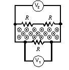 E2-21 20. A changing magnetic field pierces the interior of a circuit containing three identical resistors. Two voltmeters are connected as shown. V 1 reads 1 mv across R.