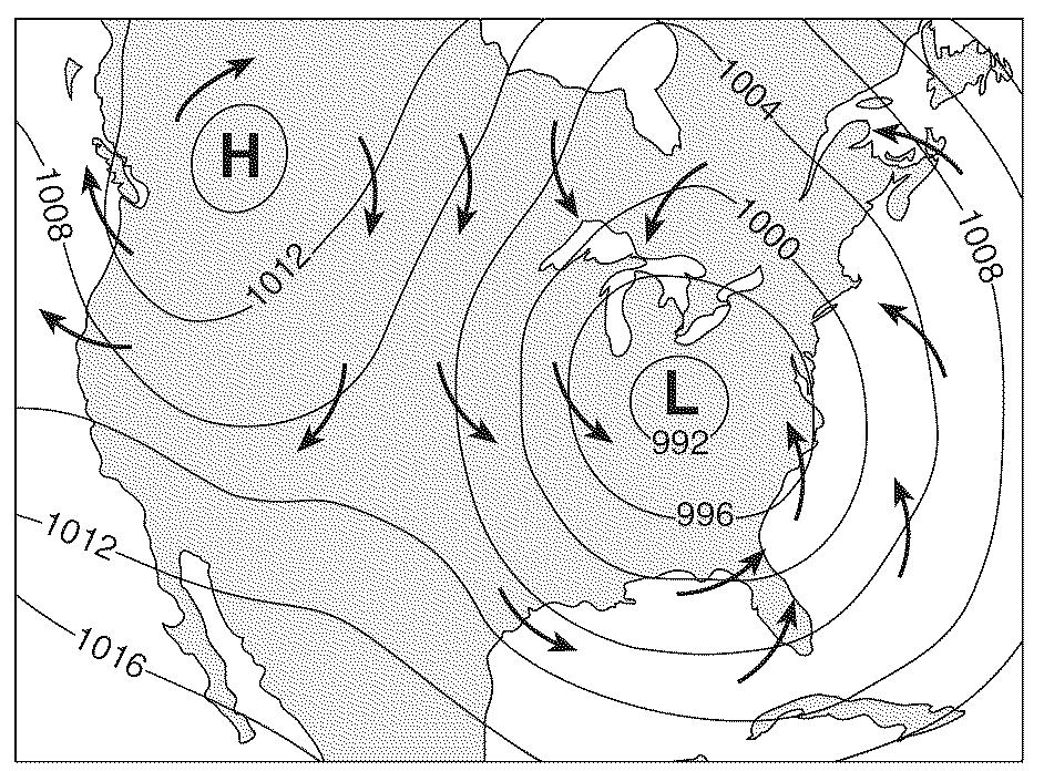 21. Which map best represents the direction of surface winds associated with the high-pressure and low-pressure systems?