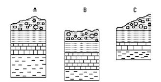 8. The diagram below represents cross sections of three rock outcrops approximately 100 kilometers apart. What would be the best method of correlating the rock layers of each outcrop?