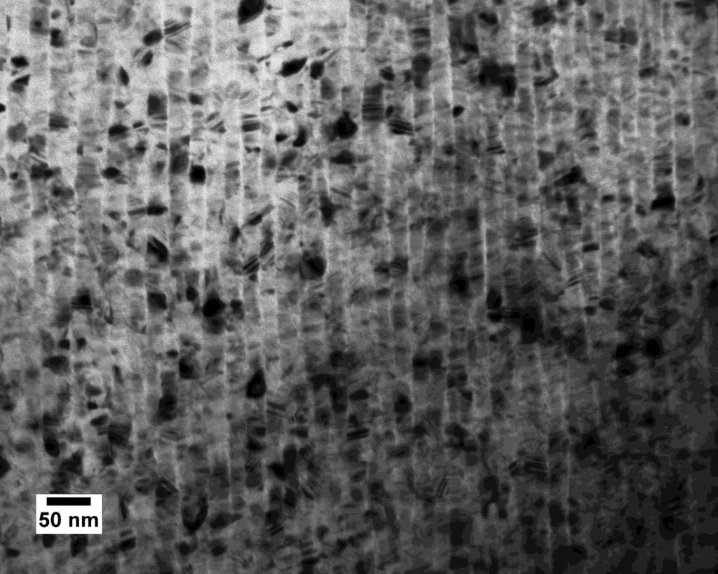 Columnar structure of YBCO on 2D array of nanoparticles TEM image of a cross-sectional area inside YBCO film