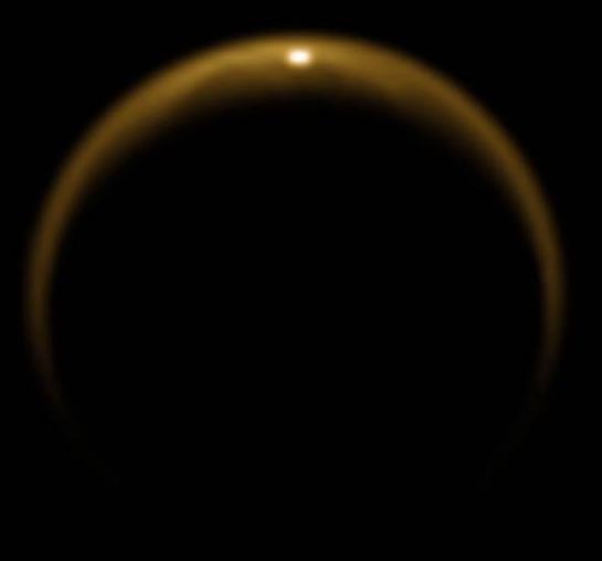 Titan, a reflection of sunlight in a