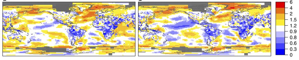 CMIP5 spread Ratio spread/rmse for temperature from the multi-model CMIP5 decadal initialised (left) and uninitialised (right) predictions (1960-2005) for 2-5