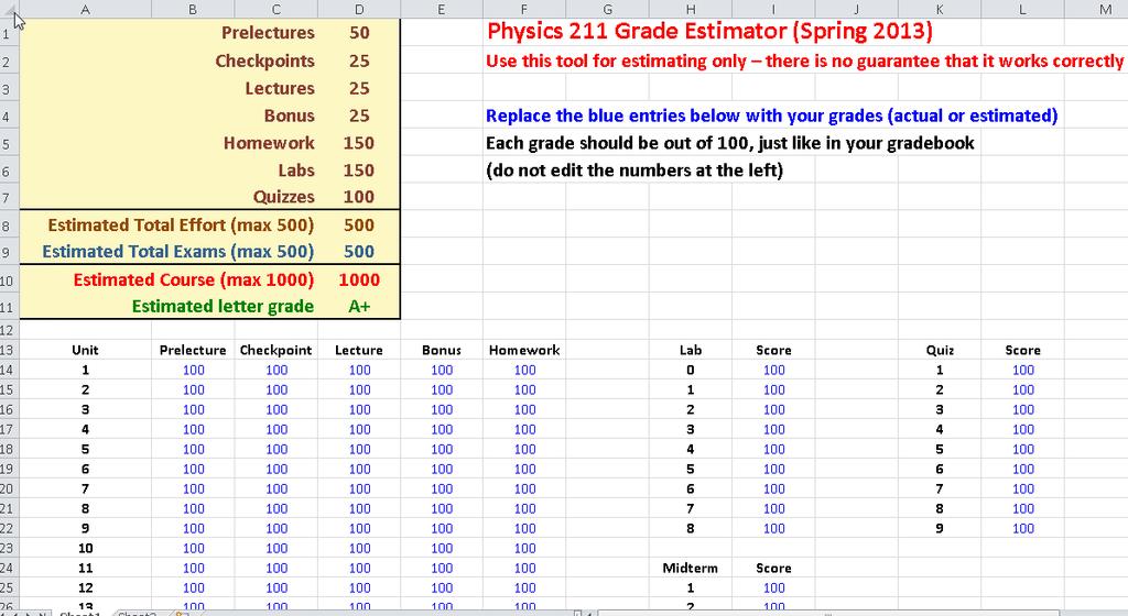 I have posted the grade estimator on the Physics 211 webpage
