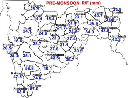 Fig. 1 Mean rainfall (mm) over the districts of Maharashtra for the four