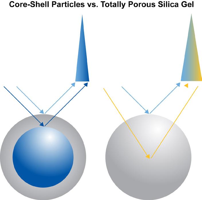 Solid core of silicon dioxide, homogeneous shell of porous silica Highest efficiency compared to traditional totally porous materials Pore size 90 Å; particle size 2.7 µm (core 1.
