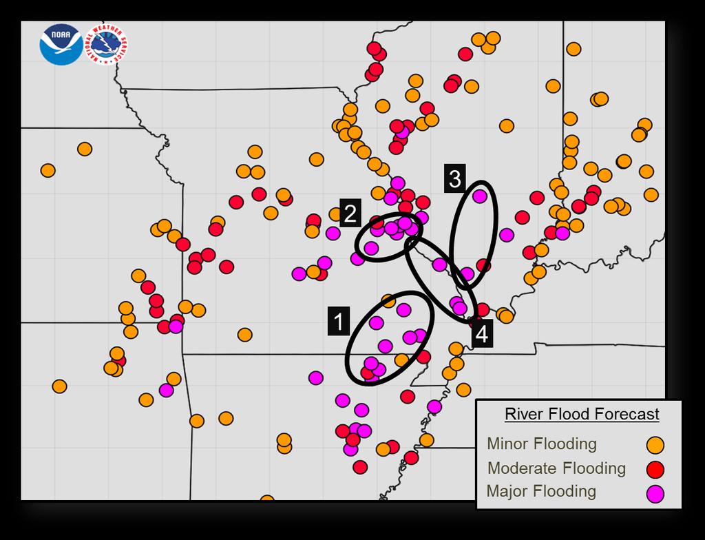 NWS River Flood Forecasts Record or Near Record Flooding 1. St. Francis, Current and Black Rivers in southeast MO and northeast AR (crests Forecast from early to late this week) 2.