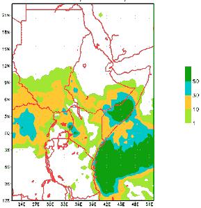 In the 20 th dekad, misses were evident over northern Uganda and southern South Sudan; the model also underestimated the rainfall over western Kenya.