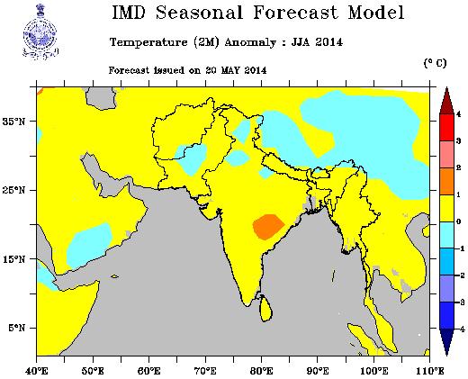 (a) Jun-Aug (JJA), 2014 (b) Jul-Sep (JAS), 2014 IMD Seasonal Forecast Model Temperature (2m) Anomaly ( 0 C) : JJA 2014 Forecast issued on 20 MAY 2014 IMD Seasonal Forecast Model Temperature (2m)