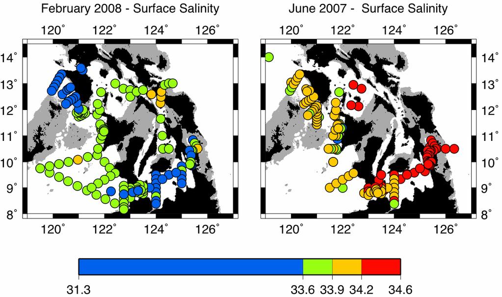 \ Figure 3. The February 2008 surface salinities (left panel) are mostly fresher then 33.