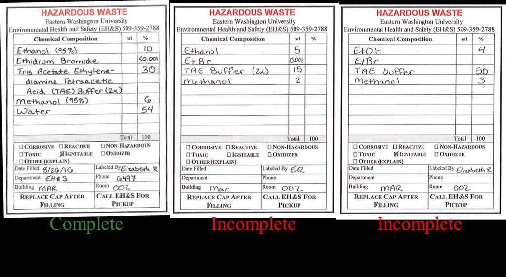 Figure 5: Examples of Hazardous Waste Labeling Figure 6: Normal Piece of Paper Used As Hazardous Waste Label Containers that are being used repeatedly throughout
