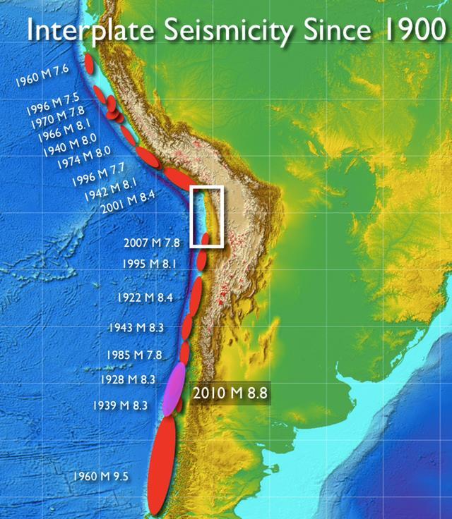 This figure, made prior to this earthquake, shows the approximate locations of megathrust earthquake events along the boundary between the Nazca and South American plates since 1990, based on a