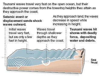 Large shallow earthquakes in subduction zones can produce tsunamis because these events can displace a large area of ocean floor by several meters. 7-foot waves were reported in Iquique, Chile.