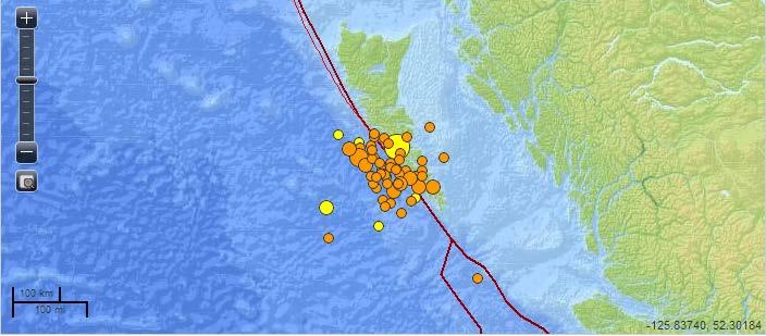 Since the earthquake, there have been over 50 aftershocks (plotted below), the largest a magnitude 6.3. The huge amount of strain released in the main shock is variable across the slip surface.