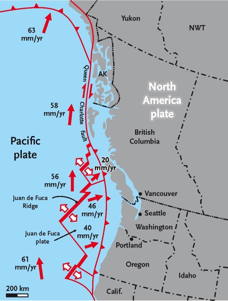 The epicenter (yellow star) of this earthquake is shown on a regional plate tectonic map. Bold red arrows show motions of the Pacific and Juan de Fuca plates relative to the North American Plate.