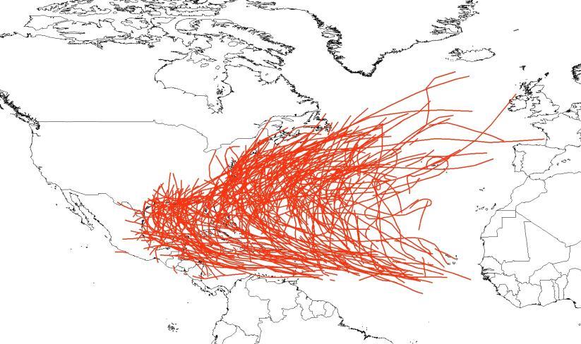 Figure 1 displays the tracks that tropical cyclones have taken during the period from September 15 September 28 for the years from 1950-2008.
