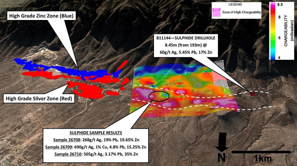 Figure 1. Looking south towards the Sierra Mojada deposit and the location of the new sulphide mineralization.