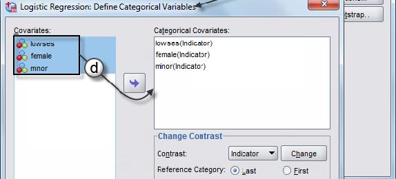 Since lowses, female, and minor are coded 0, 1, we will specify them as categorical variables.