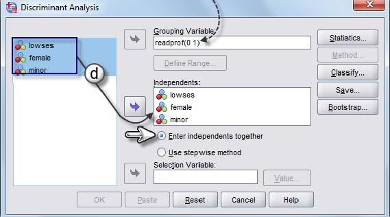 Click to select readprof then click the right arrow button (or drag the variable) into the Grouping Variable box. b. Now we need to define the range of the grouping variable (readprof).