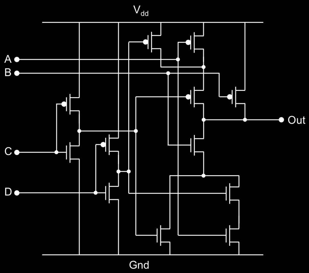 2. (25 points) Provide a CMOS, circuit-level implemenation of the following function (try to minimize the number of stages (first) and the transistor count (second), while retaining fully