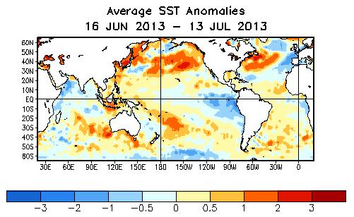 Global SST Departures ( o C) During the last four weeks, equatorial SSTs were below average in the eastern