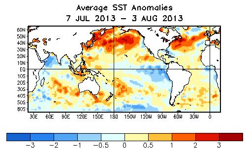 Global SST Departures ( o C) During the last four weeks, equatorial SSTs were below average in the eastern Pacific Ocean, the