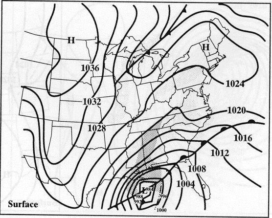 3. The figures below are surface weather maps from Superstorm 1993, which produced blizzard conditions across much of the eastern U.S. Hurricane-force winds were also reported along with scattered tornadoes.