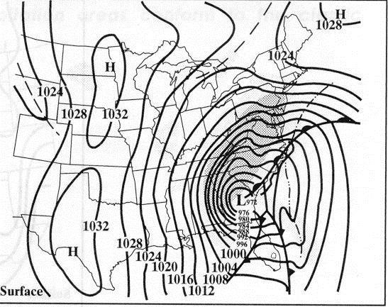 The weather maps have isobars (labeled in millibars), low pressure, high pressure, cold fronts, warm fronts, stationary fronts, and precipitation intensity (the darker the