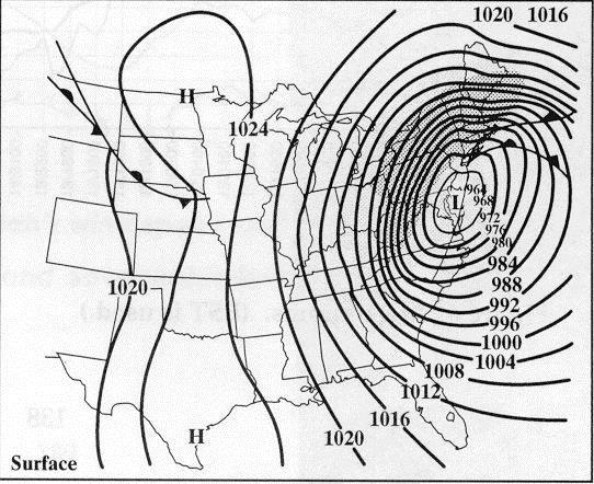 What happened to the intensity of the storm as it moved from the Gulf of Mexico north-northeast across the eastern United States? 6 p.m. CST, 12 March 1993 b.