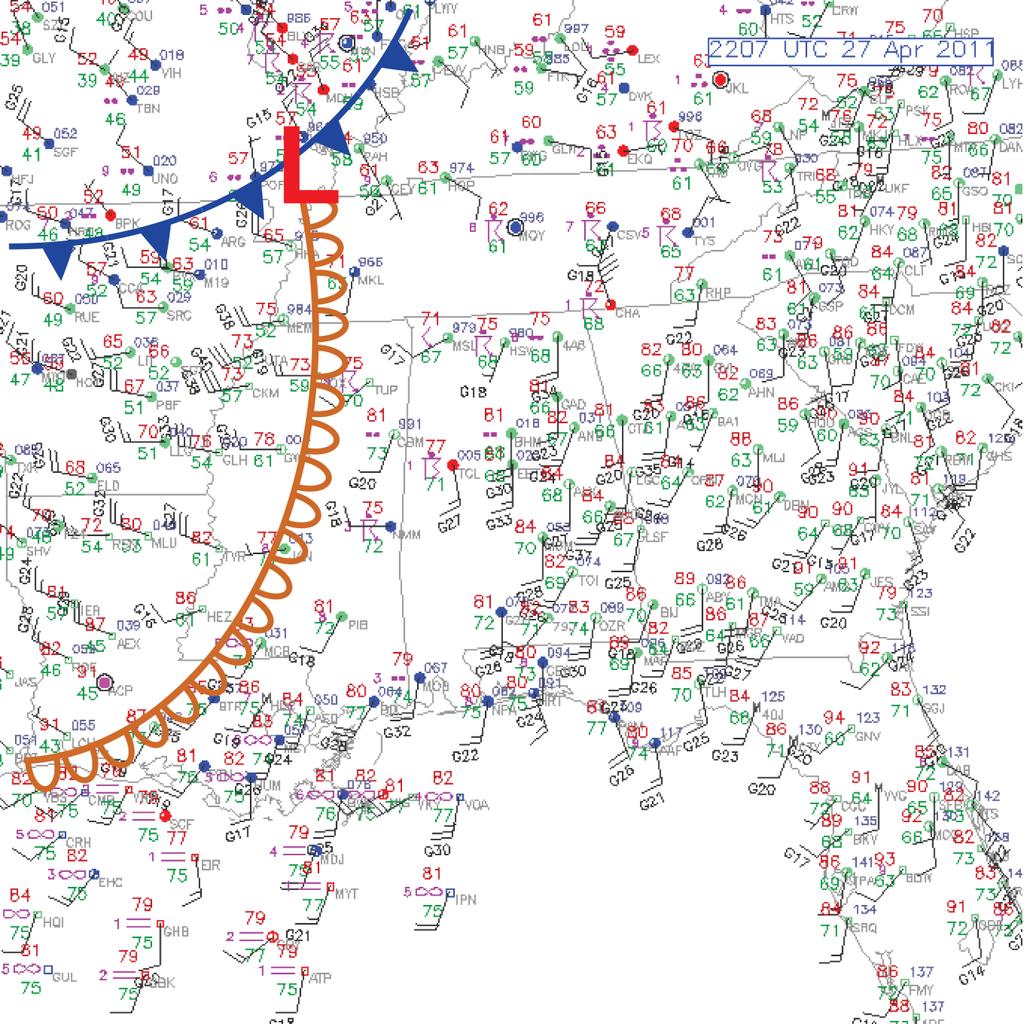 6. The surface weather map during the tornado outbreak on 27 April