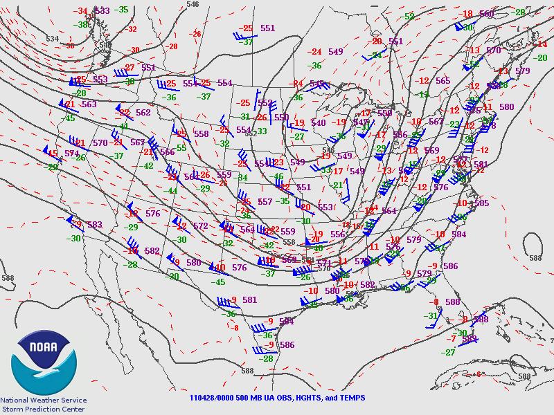 7. The 500 mb weather map from 7 p.m. CDT on 27 April 2011 is below. Label the trough of low pressure. 8.