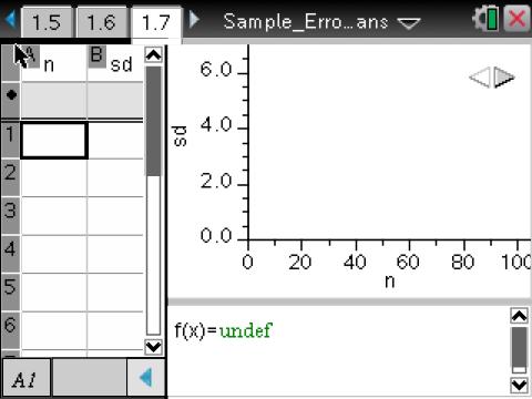 Move to page 1.7. 6. The spreadsheet shows the standard deviations for simulated sampling distributions of 100 sample means for different sample sizes. a. Hover over a point in the graph.