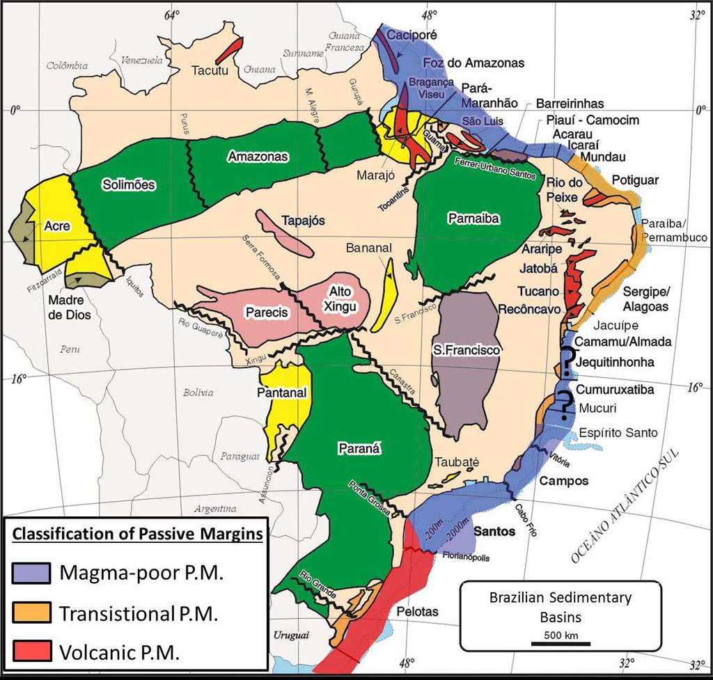 Figure 1. Map displaying the classification of the Brazilian passive margins (from Zalán, 2015).