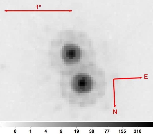 5563 for blended system. Fig. 3. Drizzled image of Kepler-296 in the F775W filter showing a 1. 0 scale bar and orientation. The fainter component, B, is to the left. Scale and units as in Fig. 1. The FWHM of the PSF is 0.