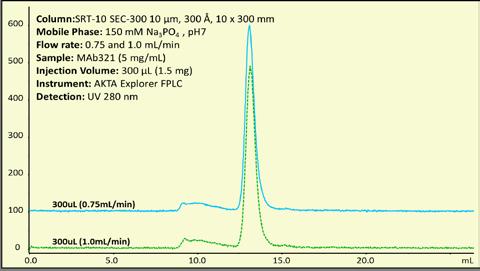 Comparison of SRT-0 and GE Superdex200 Column A: SRT-0 SEC-300 (0 µm, 300Å, 2.