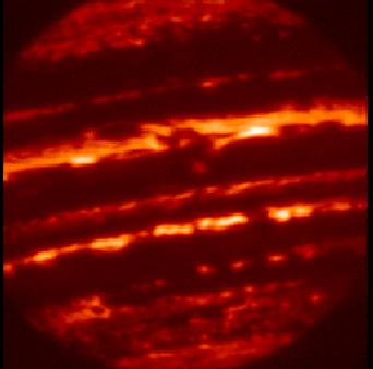 Jupiter s surface thermal emission Infrared image of Jupiter (2.2 microns) from the NASA Infrared Telescope Facility in Mauna Kea, showing the hottest parts of the visible atmosphere, i.e. the places we see deepest into the atmosphere.