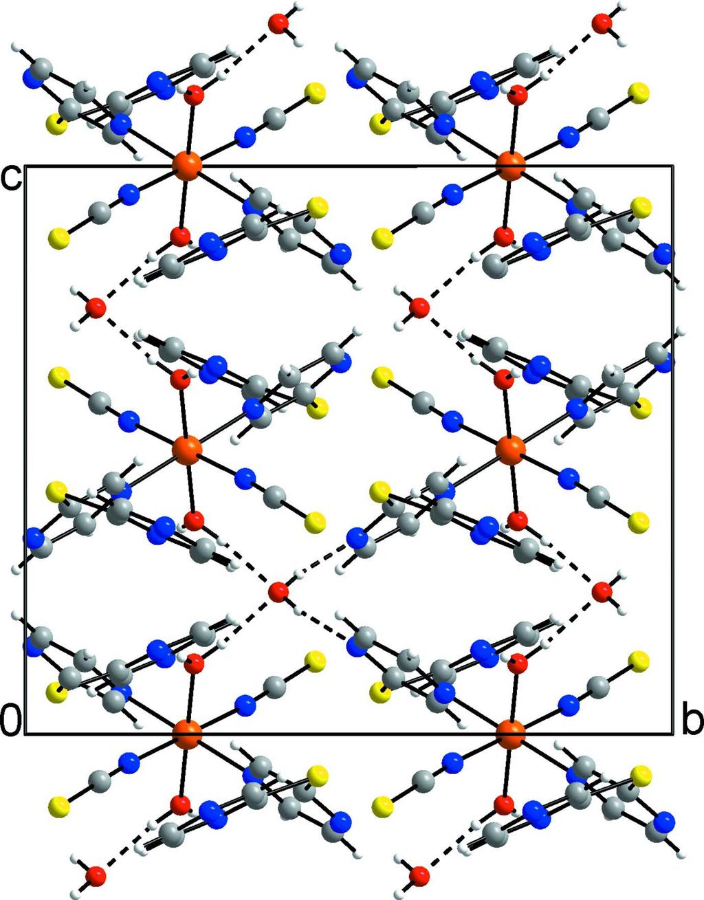Figure 2 Crystal structure of the title compound with view along the a-axis (orange = iron, blue = nitrogen, yellow = sulfur, red = oxygen, grey = carbon, white = hydrogen).