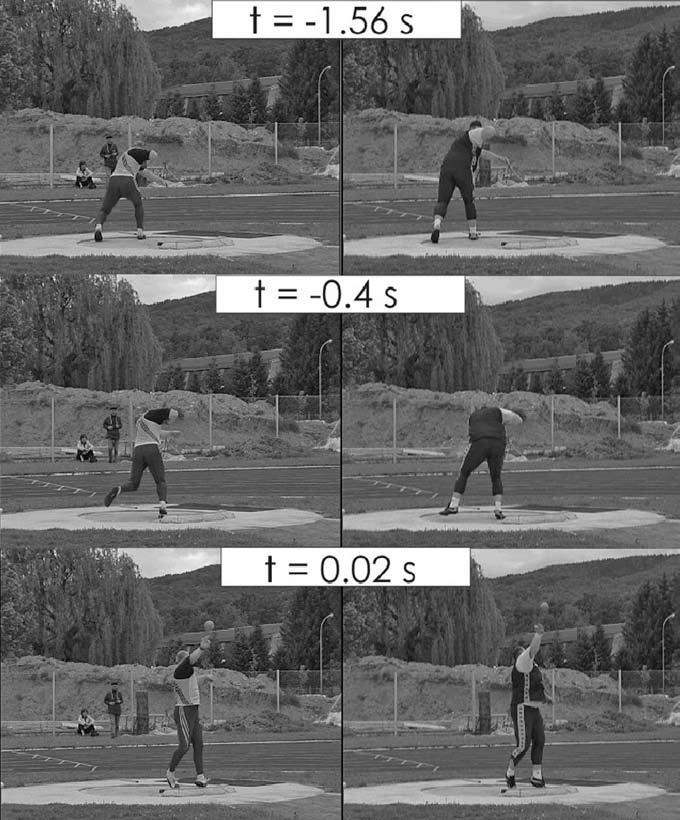 Kinesiologia Slovenica, 14, 3, 5 14 (28) The direction of the shoulder s rotation angle 9 Figure 2: Video frames at three selected times for the two shot putters: left H.A. (result: 19.6 m), right M.