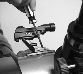 Fig. 6: Attach cradle to mounting arm. Fig. 7: Attach and balance the optical tube. Fig. 8a: Attach the viewfinder bracket to the refractor optical tube assembly. Fig. 8b: Attach the viewfinder bracket to the reflector optical tube assembly.