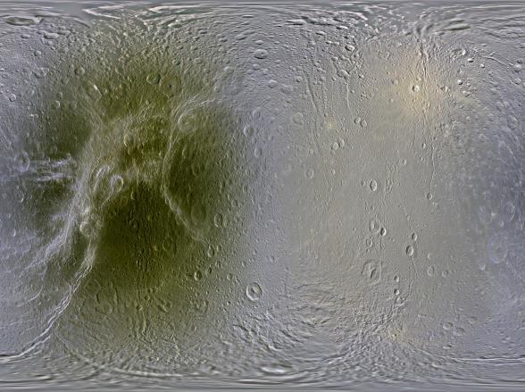 Dione Darker colors due to magnetospheric particles and radiation striking those surfaces.