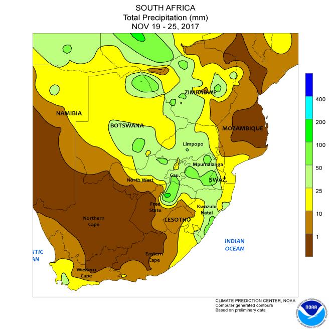 Establishment and development conditions will remain mostly favorable from Natal and Mpumalanga into portions of Free State and North West during the next two