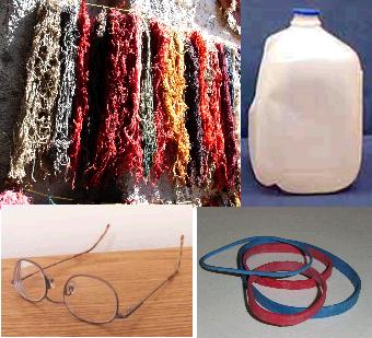 ELASTMERS Samples of polymer classes, clockwise from top left: skeins of wool (fiber), polyethylene jug (thermoplastic), rubber bands (elastomer), polycarbonate lenses (thermoset).