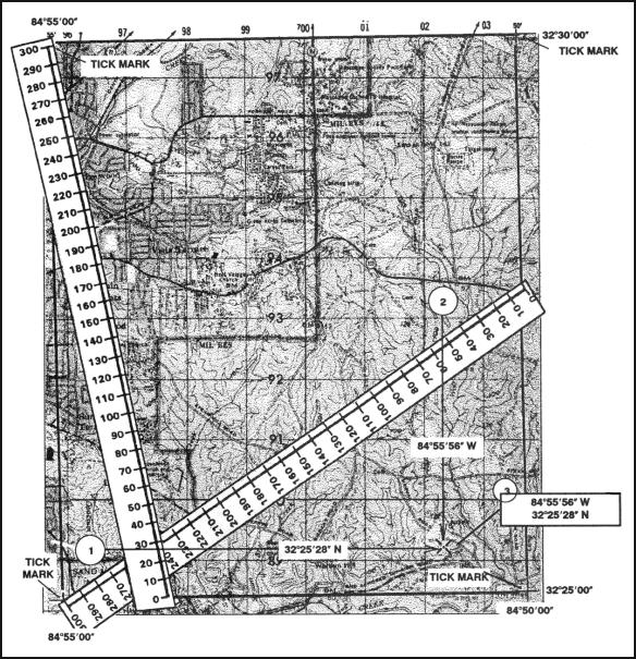 Figure 4-6. Determining geographic coordinates. (1) Place the 0 of the scale on the 32 25'00" line and the 300 on the 32 30'00".