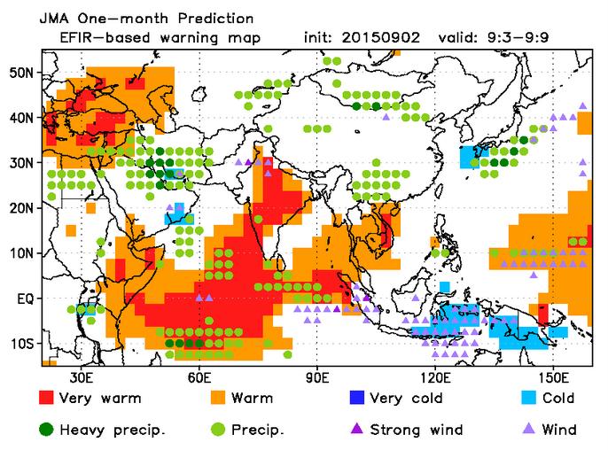 Asia tailored EFI map Events (EFI) Surface temperatures, precipitation amounts and wind