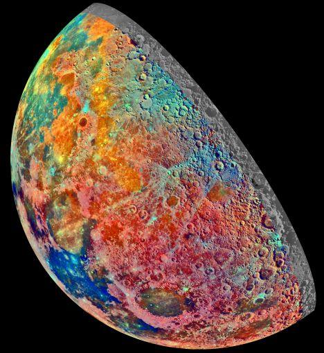 Near the bottom of the image and to the right of Tranquillitatis is the dark oval-shaped Mare Crisium surrounded by shocking pink colors indicating material of the lunar