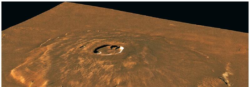 Surface Olympus Mons: the largest volcano in the solar system, 600 km across, 24 km above the
