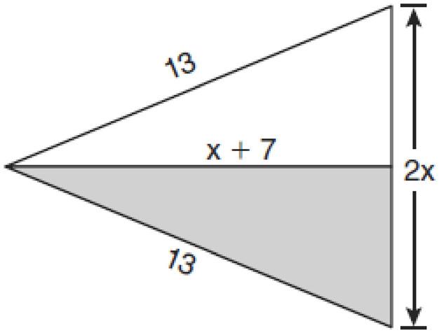 76 The diagram below shows a pennant in the shape of an isosceles triangle. The equal sides each measure 13, the altitude is x + 7, and the base is 2x.