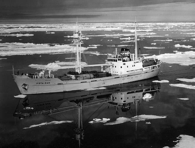 Fig. 54. The ice-strengthened cargo vessel KISTA DAN in the 1950s, on its way to Nyhavn near Mesters vig to pick up lead-zinc ore. The John Haller photograph collection, GEUS archive.