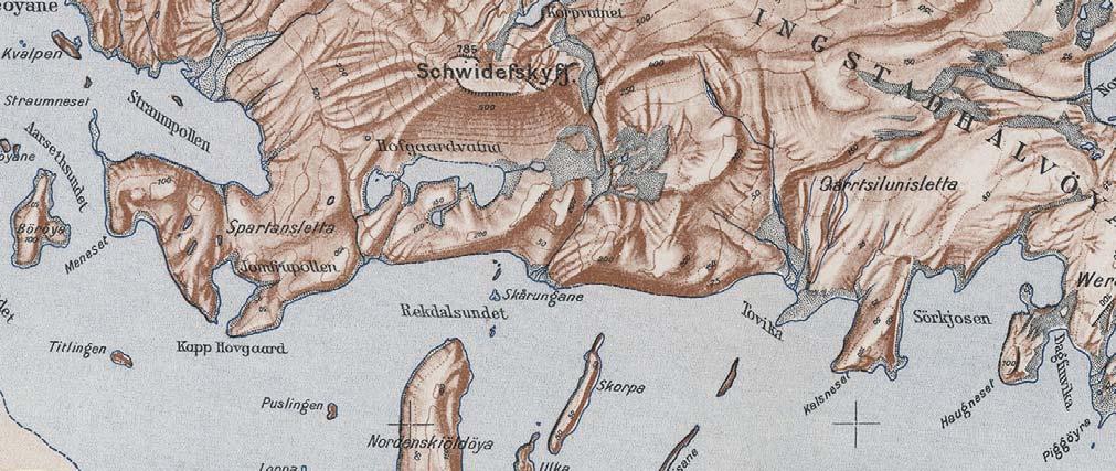 Fig. 14. Segment of one of the 1:100 000 scale topographic maps published to support the Norwegian claims to the part of East Greenland they called Eirik Raudes Land (Lacmann 1937).
