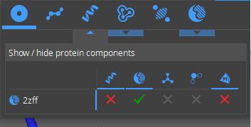 The view controls let you toggle on/off: Protein components Torsion coloring Surface Hyde coronas Unoccupied space Binding